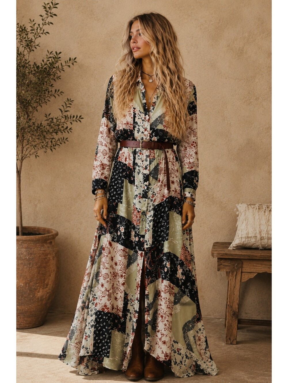 Collezione Patchwork Print Maxi Dress Boho Cottagecore Western Prairie Large